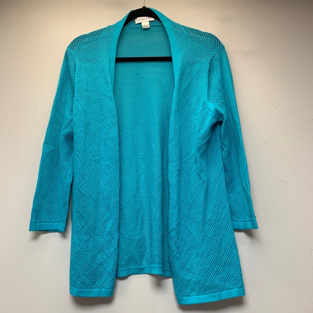 Christopher & Banks Cardigan Womens XL Turquoise Excellent Pointelle Open Front